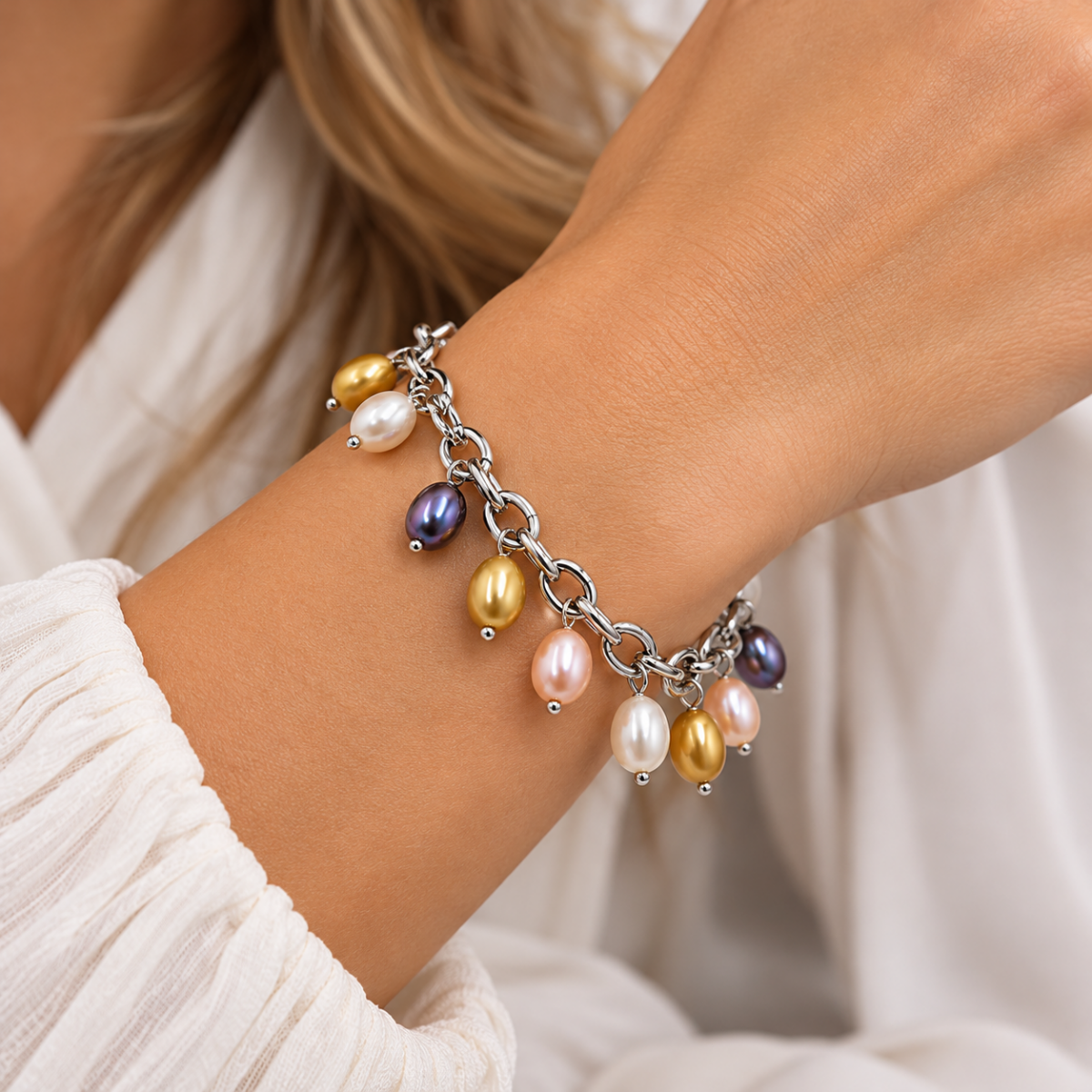 Armband hängande färgade pärlor Sterling silver