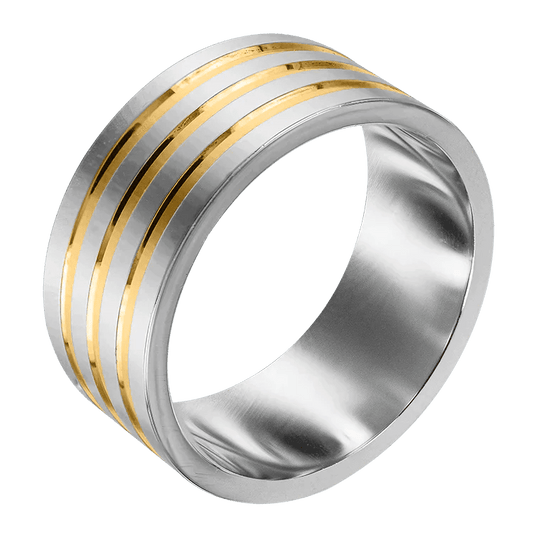 Förlovningsring i äkta silver, bred, blank med tre guldiga sträck