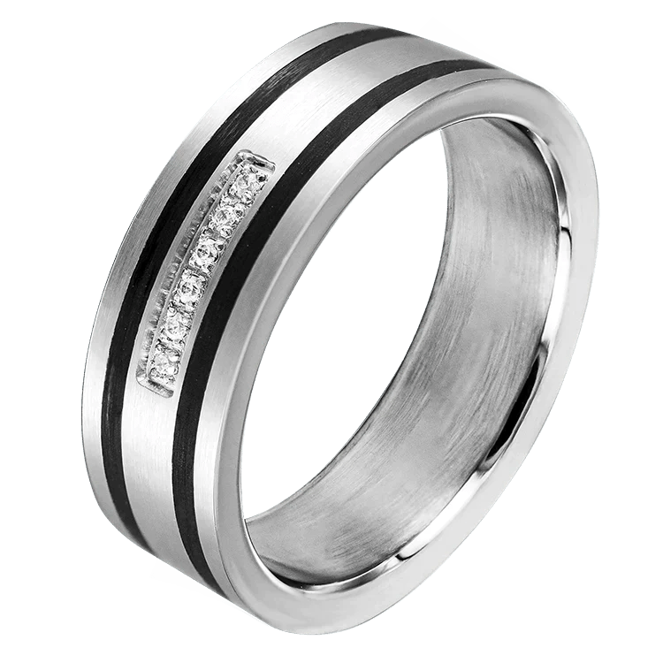 Vigselring i rostfritt stål med svarta detaljer och stenar