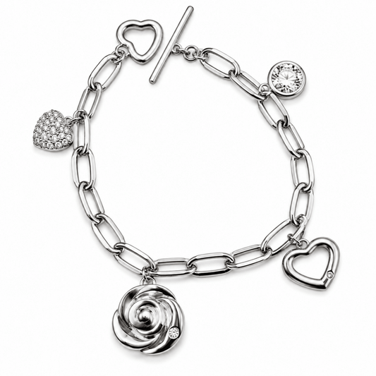 Armband med hängande hjärtan blomma och rund sten