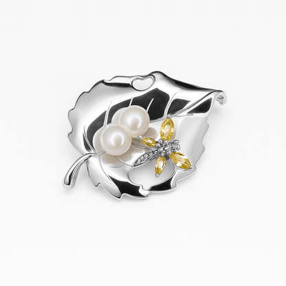 Brosch löv med fjäril i äkta silver