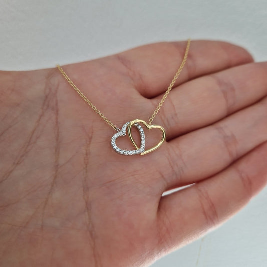 Collier två hjärtan tvåfärgat 18k guld