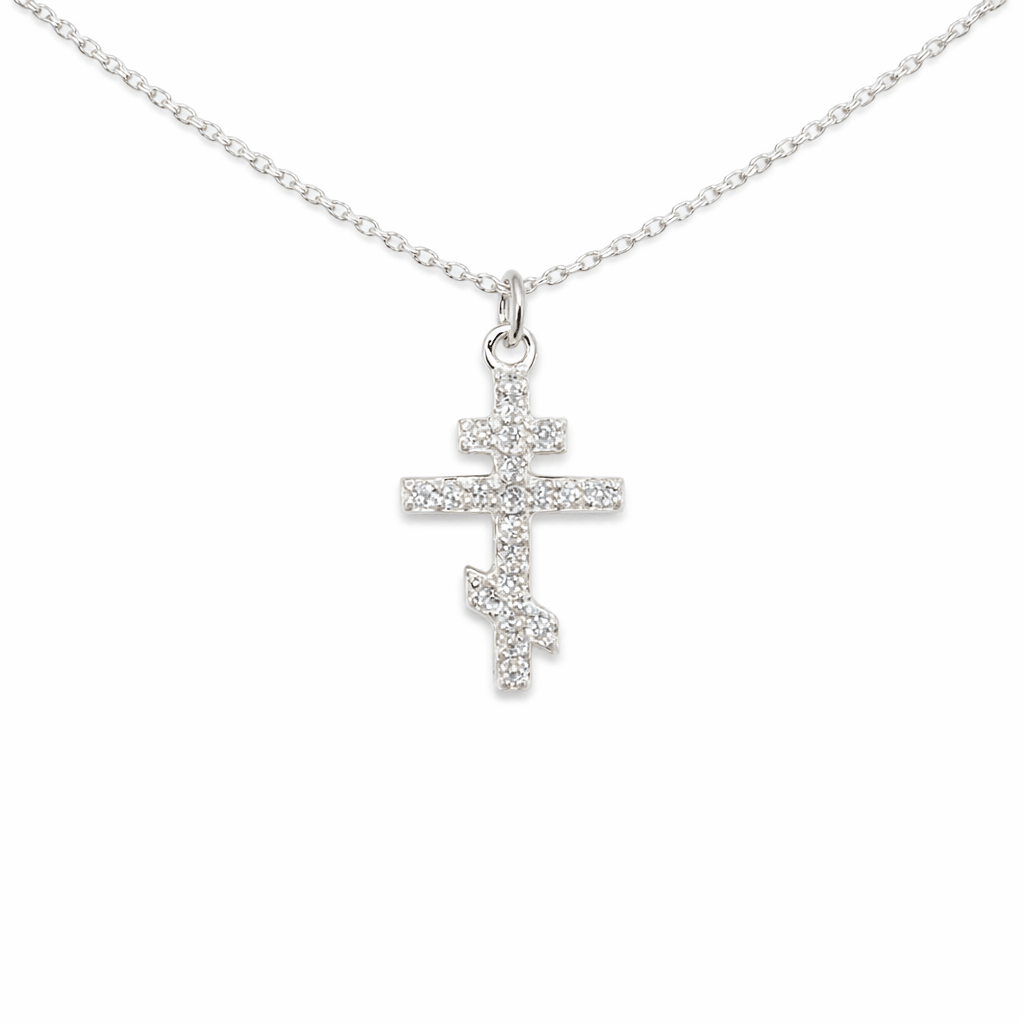 Halsband med kors i sterling silver. Ortodoxt kors med cubic zirconia kristaller