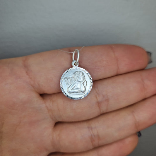 Hängsmycke rondell med ängel i äkta silver
