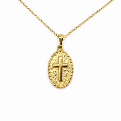 Kors halsband med platta i rostfritt stål - 18k guldpläterad