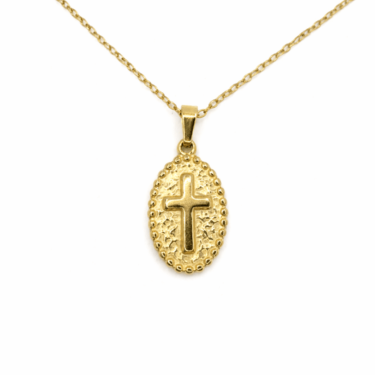 Kors halsband med platta i rostfritt stål - 18k guldpläterad