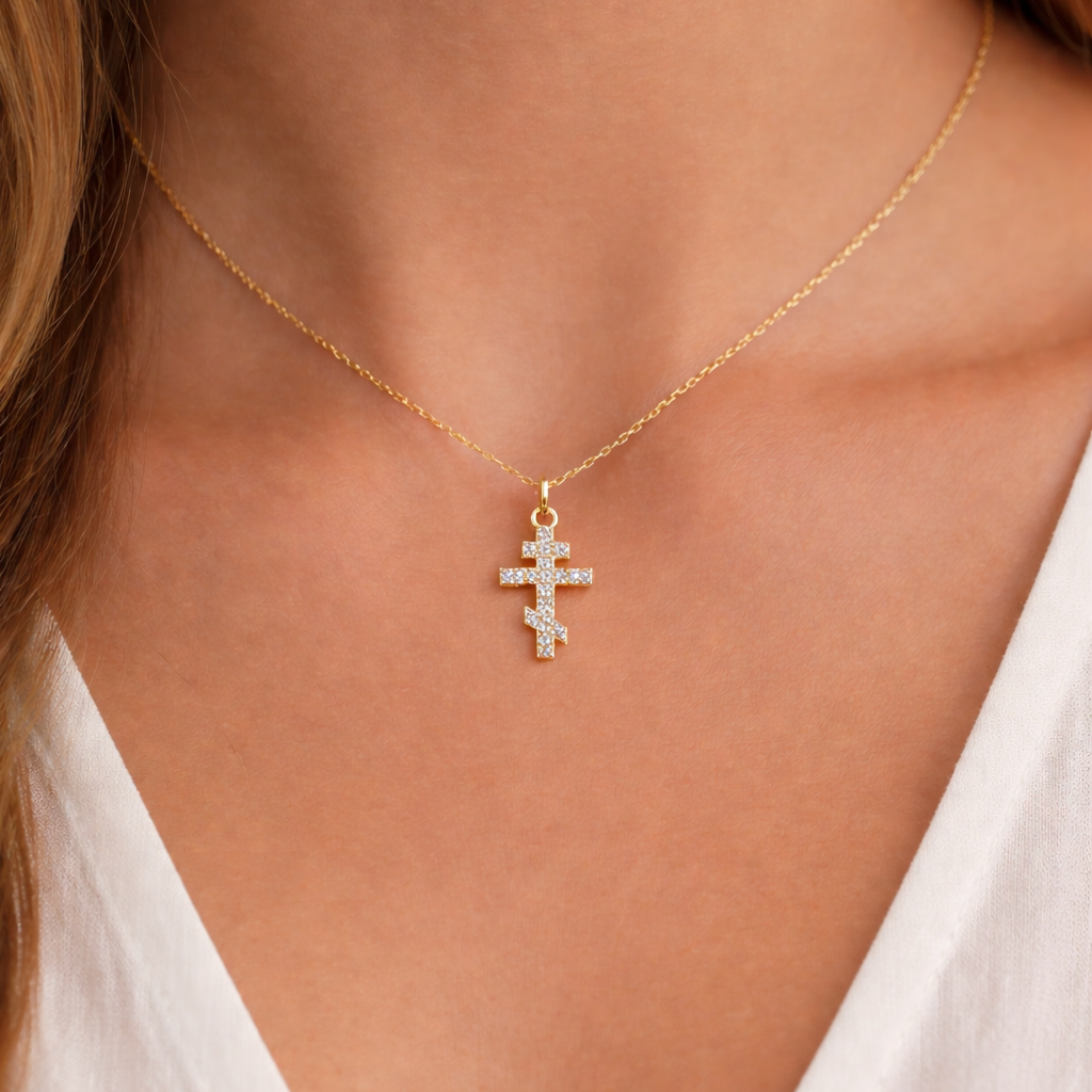 Halsband ortodoxt kors 18k förgyllt silver med sten